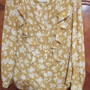 Ann Taylor Mustard Floral Ruffle Blouse